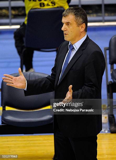 Giovanni Bozzi, Head Coach of Belgacom Spirou Basket gestures during the 2011-2012 Turkish Airlines Euroleague Regular Season Game Day 3 between...