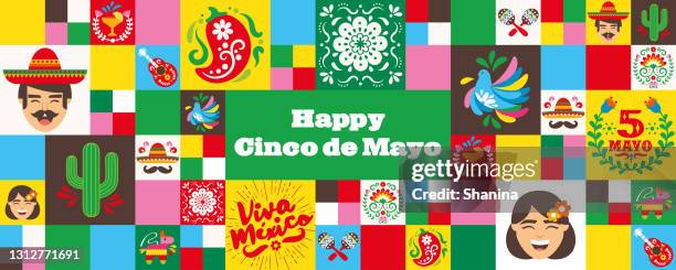 stockillustraties, clipart, cartoons en iconen met de pictogrammenmozaïekbanner van cinco de mayo - mexican flower pattern