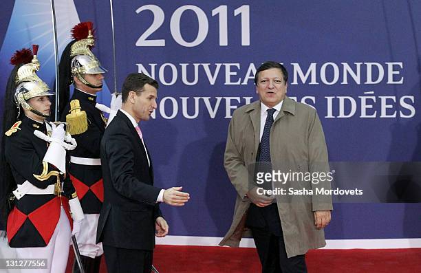 President Jose Manuel Barroso arrives for the official dinner at the G20 Summit on November 3, 2011 in Cannes, France. World's top economic leaders...