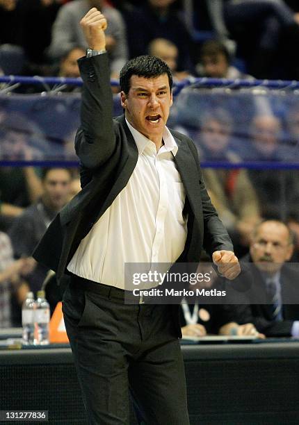 Head coach of Partizan MTS Belgrade reacts during the 2011-2012 Turkish Airlines Euroleague Regular Season Game Day 3 between Partizan mt:s Belgrade...