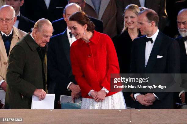 Prince Philip, Duke of Edinburgh, Catherine, Duchess of Cambridge and Donatus, Prince and Landgrave of Hesse attend the final night of The Queen's...