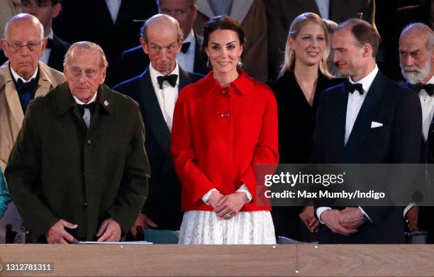Prince Philip, Duke of Edinburgh, Catherine, Duchess of Cambridge and Donatus, Prince and Landgrave of Hesse attend the final night of The Queen's...