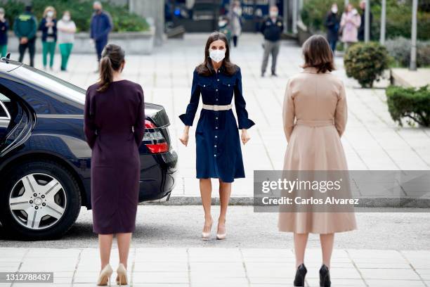 Minister of Equality Irene Montero, Queen Letizia of Spain and Minister of Industry, Trade and Tourism Reyes Maroto attend a meeting about the Role...