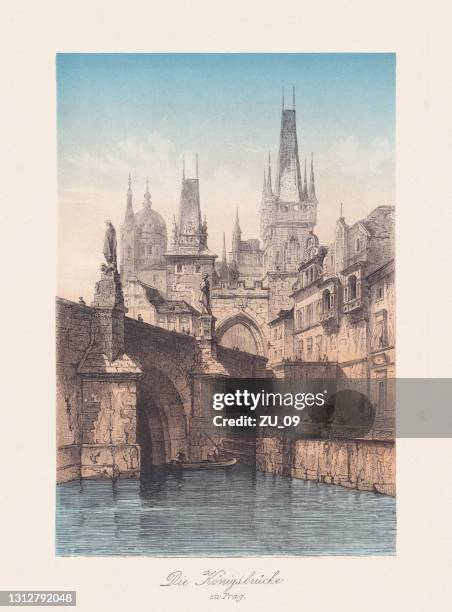 historical view of prague, czech republic, chromolithograph, published in 1868 - charles bridge stock illustrations