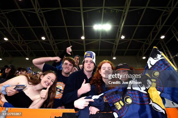 Fans watch on during the round eight Super Rugby Aotearoa match between the Highlanders and the Blues at Forsyth Barr Stadium, on April 16 in...