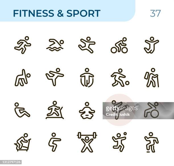 ilustraciones, imágenes clip art, dibujos animados e iconos de stock de fitness &sport - iconos de línea pixel perfect unicolor - brincar