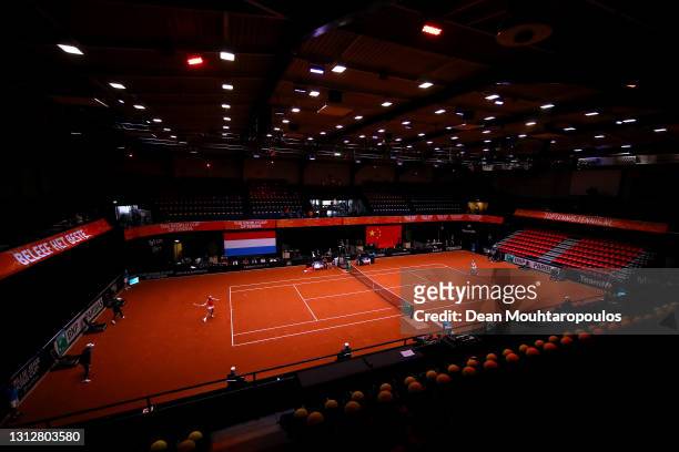 General view as Kiki Bertens of the Netherlands returns a forehand during the Billie Jean King Cup Play-offs, match one, between Kiki Bertens of the...