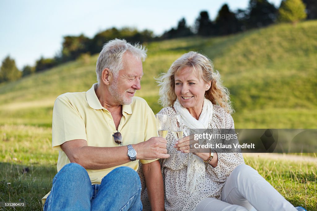 Mature couple toast with champagne glasses