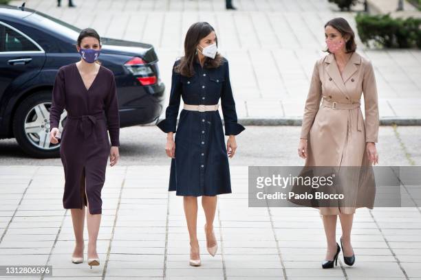 Minister of Equality Irene Montero, Queen Letizia of Spain and Minister of Industry, Trade and Tourism Reyes Maroto attend a meeting about the Role...