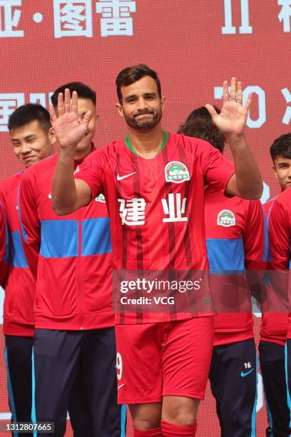 Henrique Dourado of Henan Songshan Longmen Football Club attends a farewell ceremony before leaving for 2021 Chinese Super League at Hanghai Stadium...