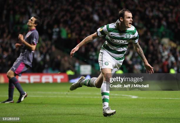 Anthony Stokes of Celtic celebrates after scoring his second goal during the UEFA Europa League group I match between Celtic and Stade Rennais at...