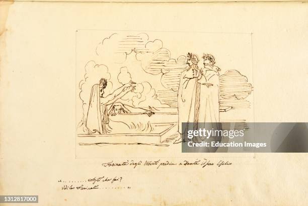 Copy from John Flaxman , Dante's Inferno drawing by German sculptor Flaxman - Farinata degli Uberti prophesies his exile to Dante - Inferno, canto X,...