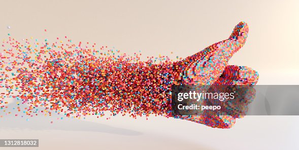 Un montón de cubos multicolores que se mueven en el espacio para unirse para formar un registro abstracto pulgar hacia arriba sobre un fondo liso Un montón de cubos multicolores que se mueven en el espacio para unirse para formar un registro abstracto pulgar hacia arriba sobre un fondo liso