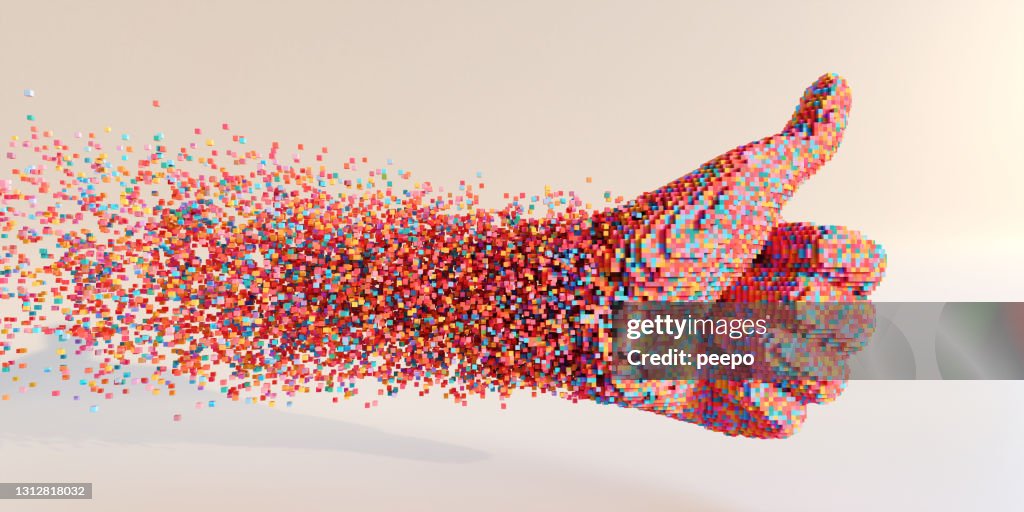 Beaucoup de cubes multicolores se déplaçant dans l’espace pour se réunir pour former un signe abstrait de pouces vers le haut sur un fond simple