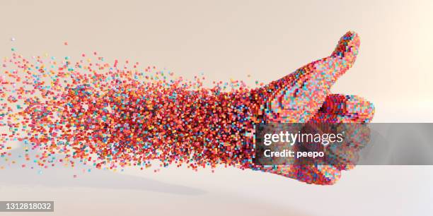 lots of multi-coloured cubes moving in space to come together to form an abstract thumbs up sign against a plain background - positivo imagens e fotografias de stock