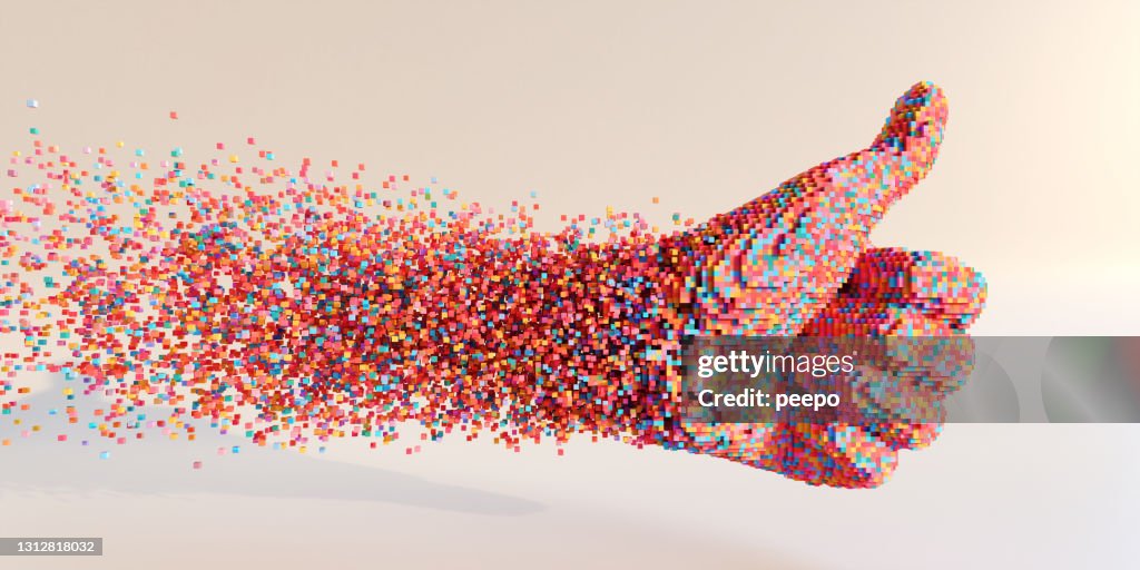 Massor av flerfärgade kuber som rör sig i rymden för att komma samman för att bilda en abstrakt tummen upp-skylt mot en vanlig bakgrund