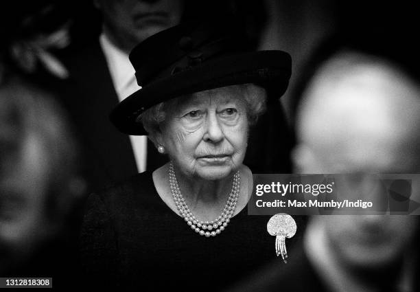 Queen Elizabeth II attends the funeral of Patricia Knatchbull, Countess Mountbatten of Burma at St Paul's Church, Knightsbridge on June 27, 2017 in...