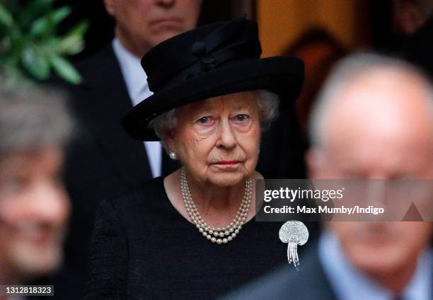 Queen Elizabeth II attends the funeral of Patricia Knatchbull, Countess Mountbatten of Burma at St Paul's Church, Knightsbridge on June 27, 2017 in...