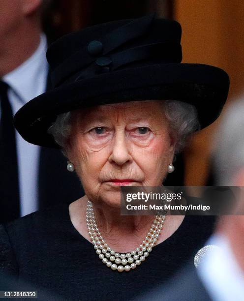 Queen Elizabeth II attends the funeral of Patricia Knatchbull, Countess Mountbatten of Burma at St Paul's Church, Knightsbridge on June 27, 2017 in...