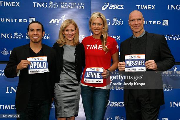 Apolo Ohno, New York Road Runners President and CEO Mary Wittenberg, Jennie Finch and Mark Messier attend a press conference at Marathon Pavilion in...