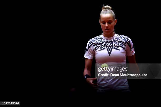 Arantxa Rus of the Netherlands looks on during the Billie Jean King Cup Play-offs match two between Arantxa Rus of the Netherlands and Wang Xiyu of...