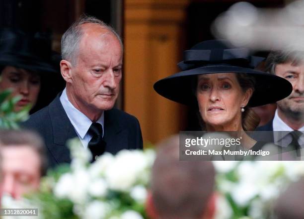 Norton Knatchbull, 3rd Earl Mountbatten of Burma accompanied by his wife Penelope Knatchbull, Countess Mountbatten of Burma attends the funeral of...