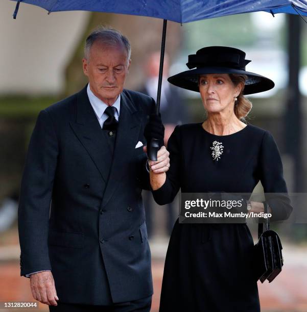 Norton Knatchbull, 3rd Earl Mountbatten of Burma accompanied by his wife Penelope Knatchbull, Countess Mountbatten of Burma attends the funeral of...