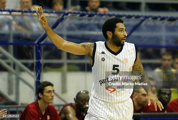 Acie Law of Partizan MTS Belgrade signals during the 2011-2012 Turkish Airlines Euroleague Regular Season Game Day 3 between Partizan mt:s Belgrade v...