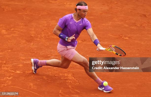 Rafael Nadal of Spain hits a forehand during his match against Andrey Rublev of Russia during day six of the Rolex Monte-Carlo Masters at Monte-Carlo...