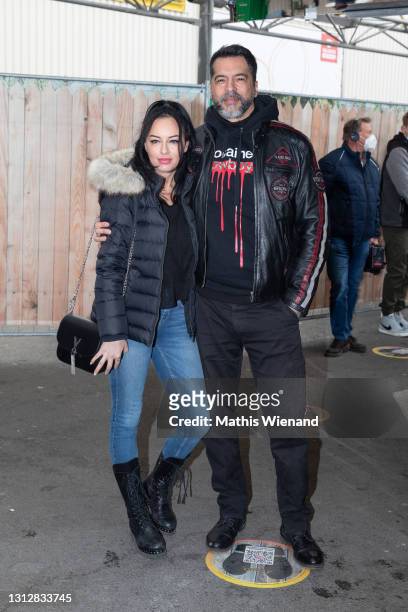 Aurelio Savina and his girlfriend Larissa attend the opening of "Willi Herren's Rievkooche Bud" on April 16, 2021 in Cologne, Germany.