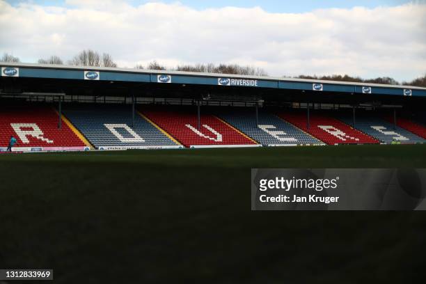 An empty Ewood Park is pictured ahead of the Sky Bet Championship match between Blackburn Rovers and Derby County at Ewood Park on April 16, 2021 in...