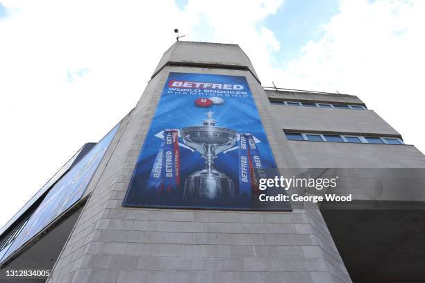 General view outside the Crucible Theatre prior to the Betfred World Snooker Championship at Crucible Theatre on April 16, 2021 in Sheffield, England.