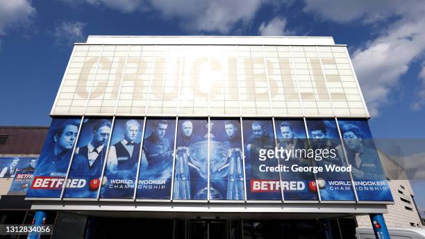 General view outside the Crucible Theatre prior to the Betfred World Snooker Championship at Crucible Theatre on April 16, 2021 in Sheffield, England.