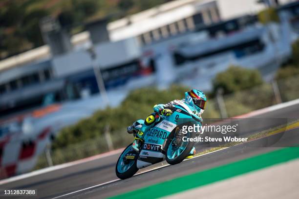 Moto3 rider Xavier Artigas of Spain and Leopard Impala Junior Team rides at Autodromo Internacional Do Algarve on April 16, 2021 in Portimao,...