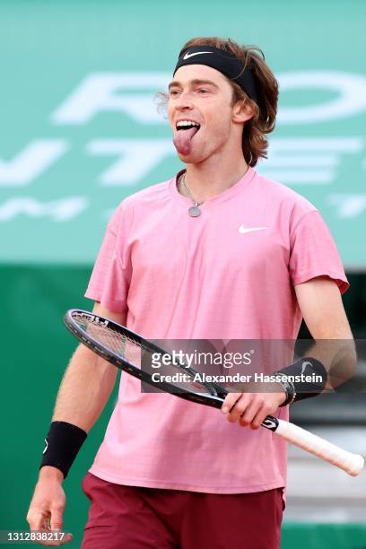 Andrey Rublev of Russia reacts during his match against Rafael Nadal of Spain during day six of the Rolex Monte-Carlo Masters at Monte-Carlo Country...