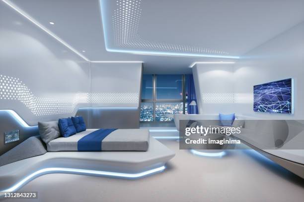 interior futurista de la habitación del hotel - futuristic hotel room fotografías e imágenes de stock