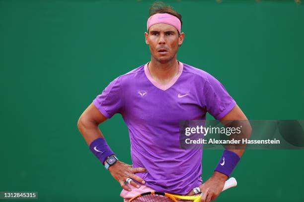 Rafael Nadal of Spain reacts during his match against Andrey Rublev of Russia during day six of the Rolex Monte-Carlo Masters at Monte-Carlo Country...