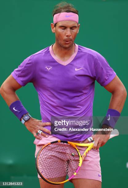 Rafael Nadal of Spain reacts during his match against Andrey Rublev of Russia during day six of the Rolex Monte-Carlo Masters at Monte-Carlo Country...