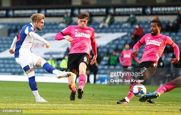 Harvey Elliott of Blackburn Rovers scores the second goal during the Sky Bet Championship match between Blackburn Rovers and Derby County at Ewood...