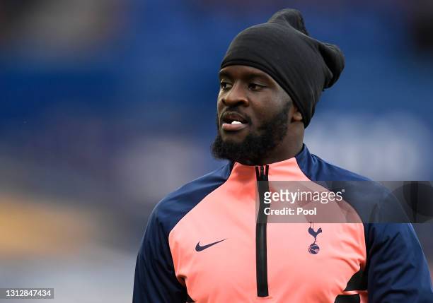 Tanguy Ndombele of Tottenham Hotspur looks on as he warms up prior to the Premier League match between Everton and Tottenham Hotspur at Goodison Park...