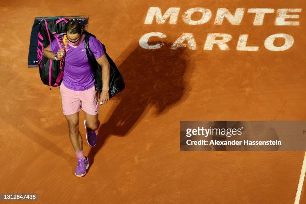 Rafael Nadal of Spain leaves the court after loosing his match against Andrey Rublev of Russia during day six of the Rolex Monte-Carlo Masters at...
