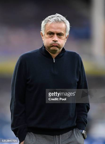 Jose Mourinho, Manager of Tottenham Hotspur looks on prior to the Premier League match between Everton and Tottenham Hotspur at Goodison Park on...