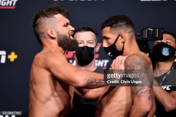 Opponents Jeremy Stephens and Drakkar Klose face off during the UFC weigh-in at UFC APEX on April 16, 2021 in Las Vegas, Nevada.