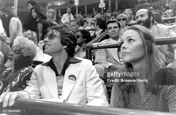American actors Warren Beatty and Michelle Phillips at the Democratic National Convention, New York, New York, July 15, 1976.