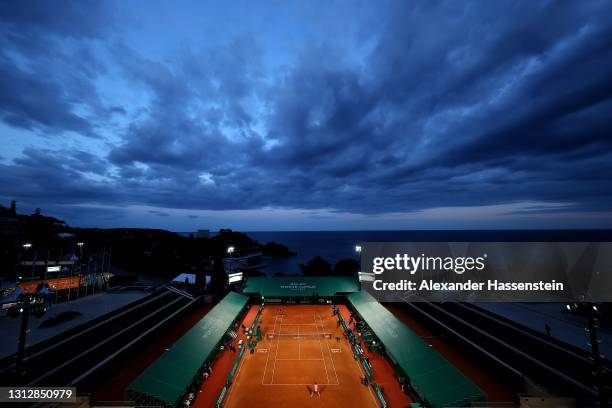 Rafael Nadal of Spain plays a fore hand during his match against Andrey Rublev of Russia during day six of the Rolex Monte-Carlo Masters at...