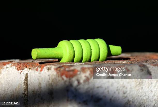 Detailed view of a used bail is seen during Day Two of the LV= Insurance County Championship match between Kent and Yorkshire at The Spitfire Ground...