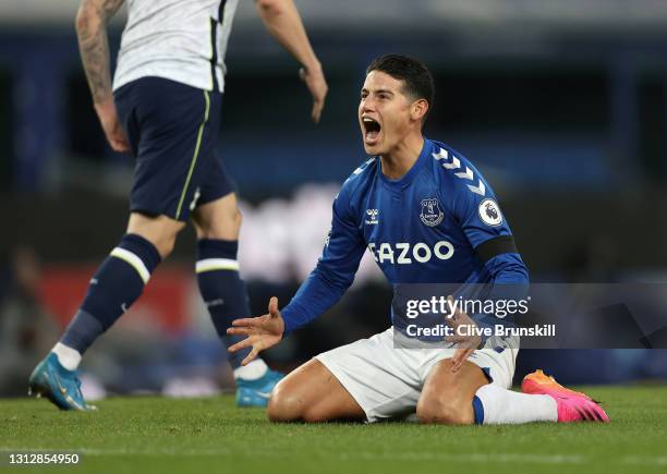 James Rodriguez of Everton reacts during the Premier League match between Everton and Tottenham Hotspur at Goodison Park on April 16, 2021 in...