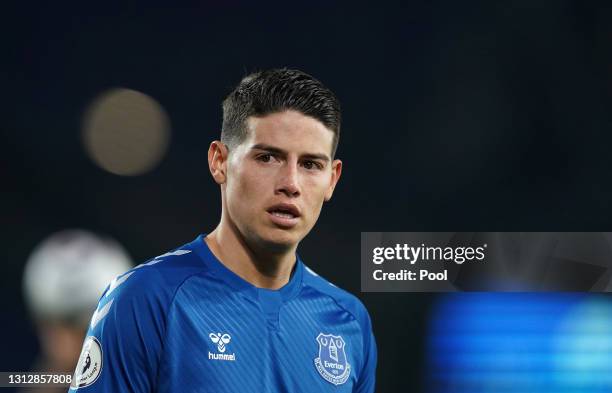 James Rodriguez of Everton looks on during the Premier League match between Everton and Tottenham Hotspur at Goodison Park on April 16, 2021 in...