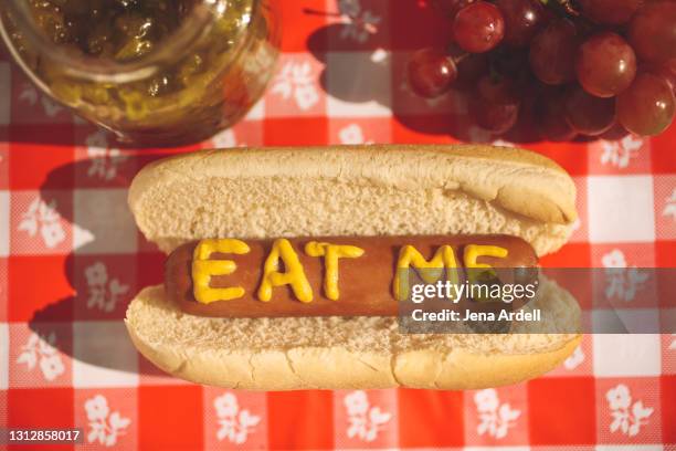 july 4th hot dog with mustard - moutarde assaisonnements et vinaigrettes photos et images de collection