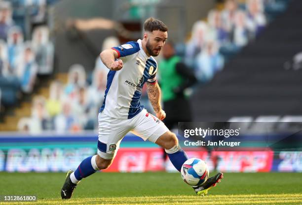 Adam Armstrong of Blackburn Rovers controls the ball during the Sky Bet Championship match between Blackburn Rovers and Derby County at Ewood Park on...